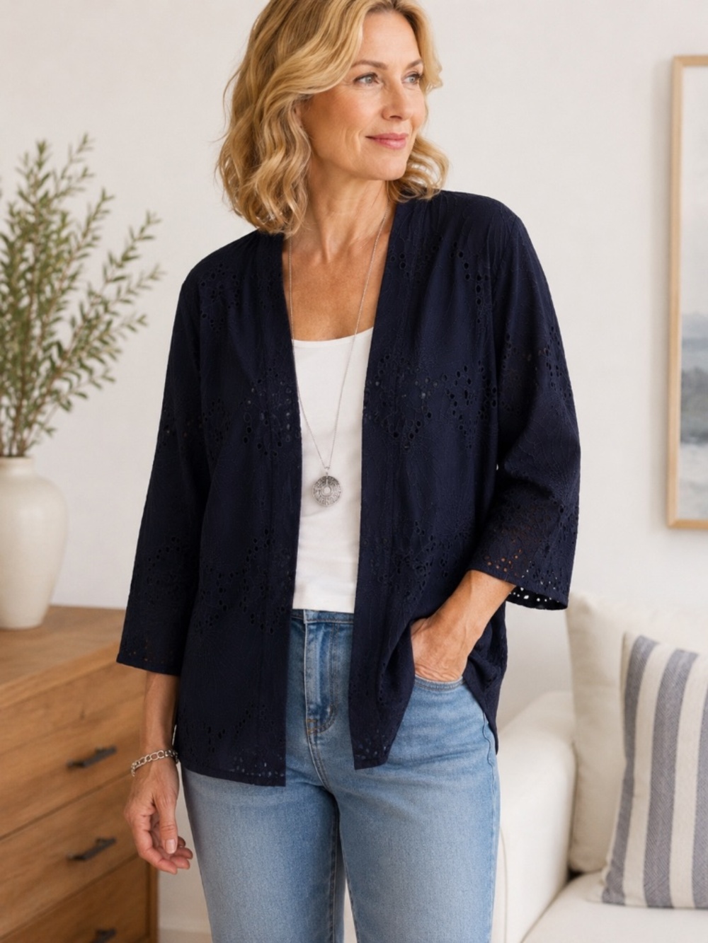 J. Jill Navy Blue Eyelet Open Front Kimono Jacket Cardigan S/M/L Cotton Boho